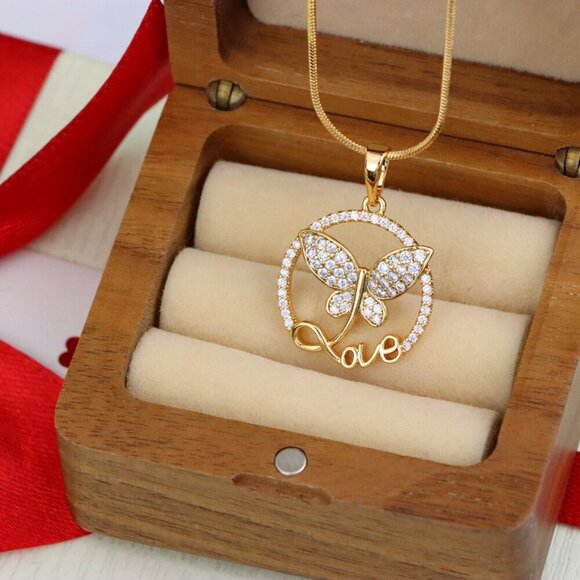 "Rose Gold Butterfly Pendant with Crystals and 'Love' Design, XPPT1478 - Picture 7 of 13